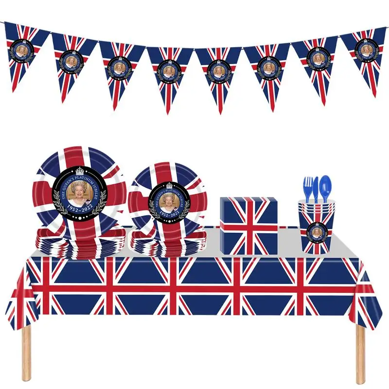 114Pcs Union Jack Tableware Party Set British Flag Paper Dinnerware Set Union Jack Tablecloth/Plates/Cups/Napkins/Bunting