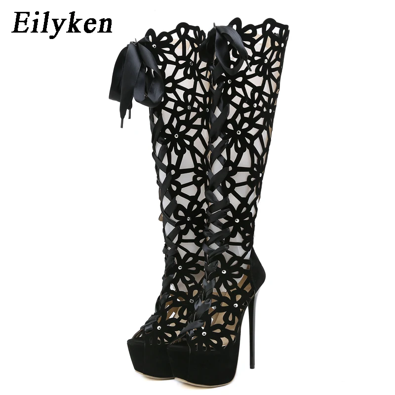 

EilyKen Ankle Lace-up Open Toe Flowers Women Boots Sandals Sexy Big Red Wedding Party High Heels Ladies Fashion Shoes