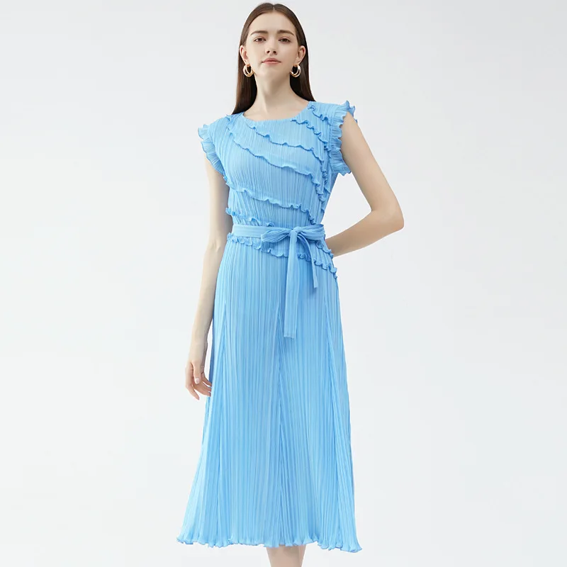 

Женское плиссированное платье миаке, повседневное универсальное платье с круглым вырезом и деревянными ушками, платье макси без рукавов в Корейском стиле, лето 2023