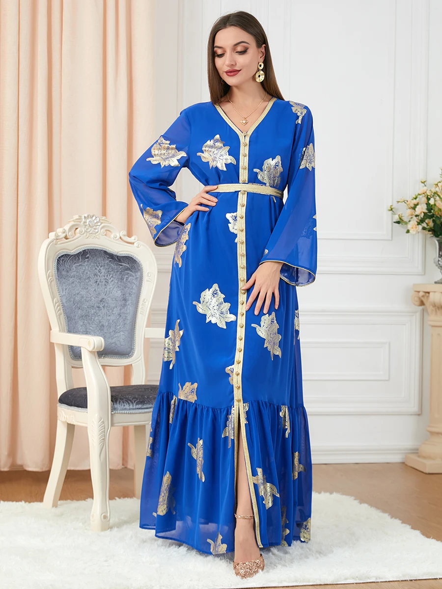 Party Dresses Abayas For Women Dubai 2023 Printed Long Sleeve V-Neck Button Tape Trim Belted Kaftan Split Hem Clothes For Women