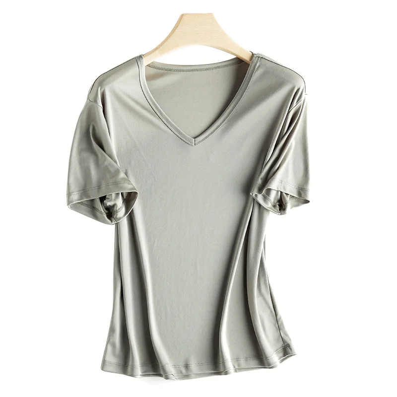 

Three Acetic Acid Blended Fabric Knit T-shirt Simple Round Neck / V-neck Female Short Sleeve