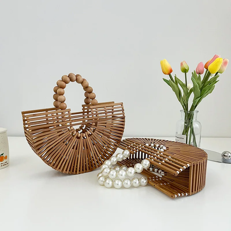 

New High Quality Handmade Bamboo Handbag Pearl Handle Design Women Hollow Out Beach Bag Summer Vacation Woven Straw Bag Female