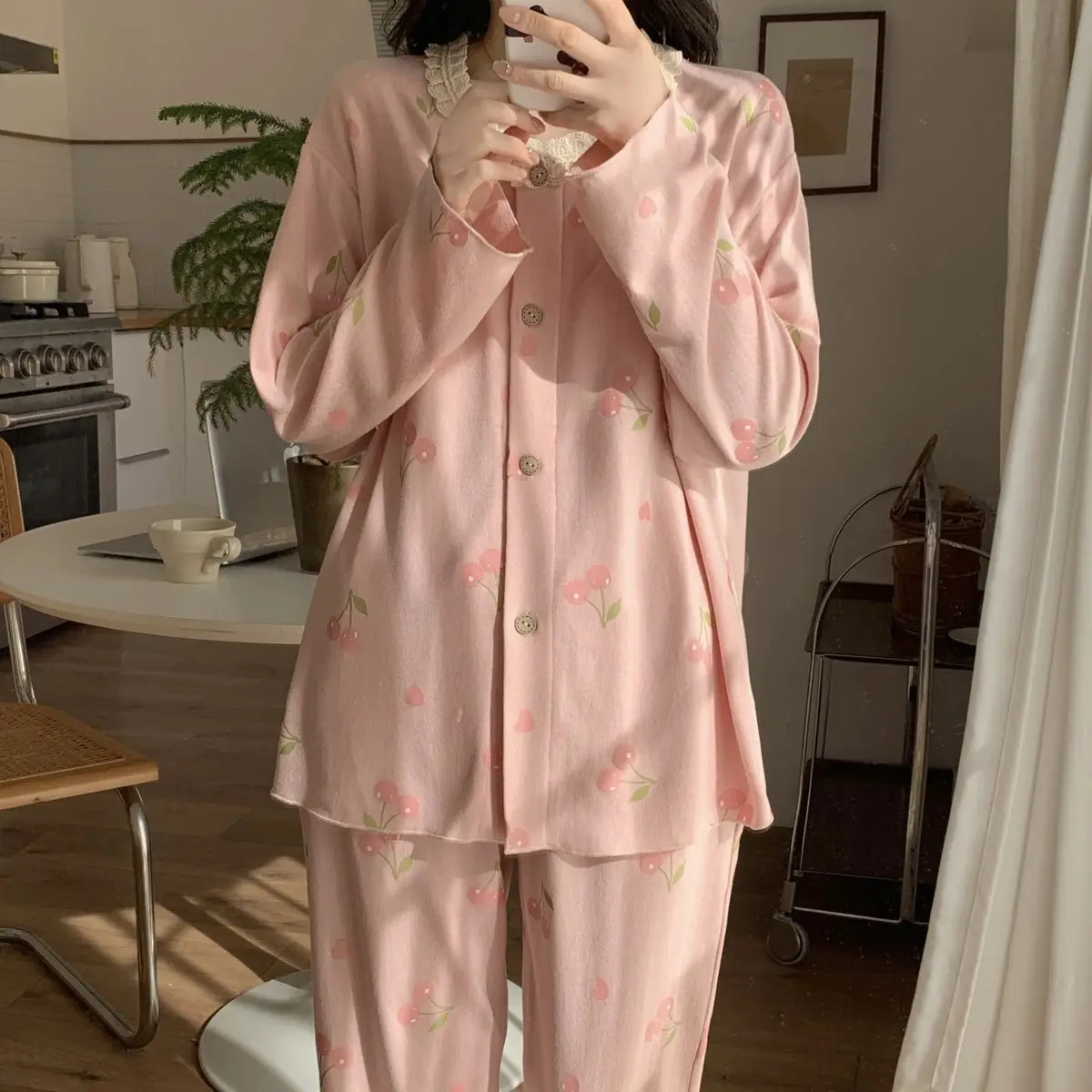 Весенне-осенняя модная женская повседневная милая розовая одежда для сна с