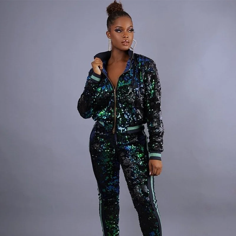 

Sparkly Sequin 2 Piece Sets Womens Outfits Spring Autumn Zipper Jacket and Pants Set Streetwear Women Tracksuit Two Piece Set
