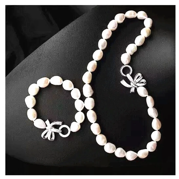 

Baroque 10-12mm cultured freshwater pearl necklace Zircon Bowknot Accessories