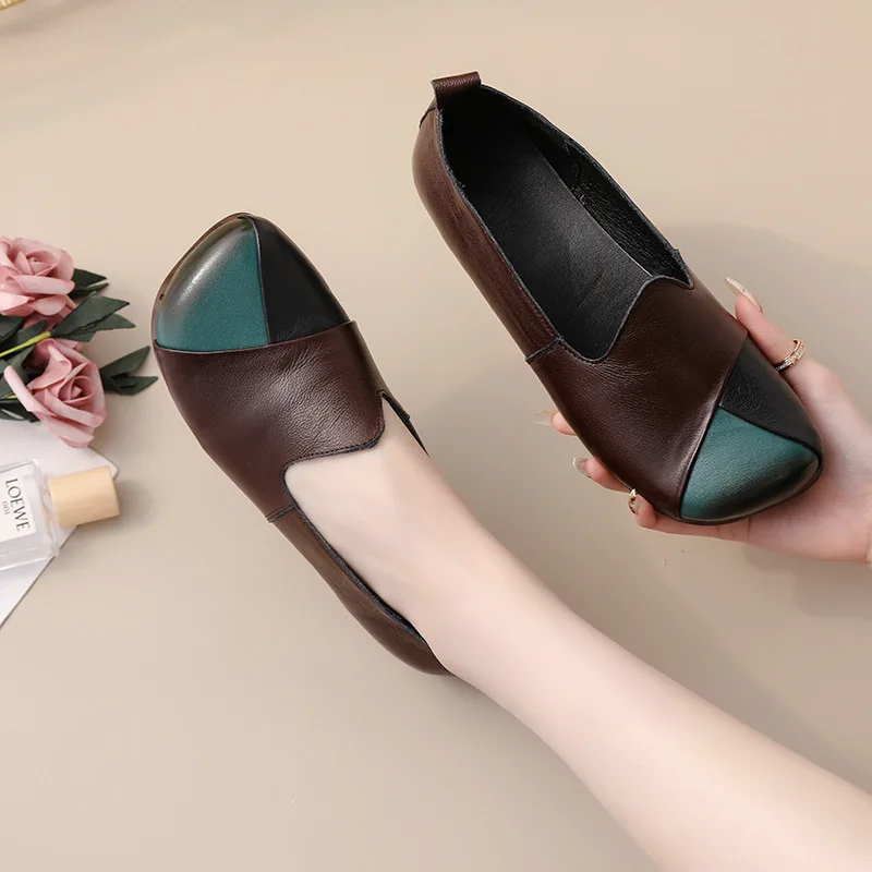 Vintage Patches Ballet Flats Women's Cowhide Leather Loafers Ladies Slip On Shoes Woman Chic Dressy Flat Shoes Female Moccasins