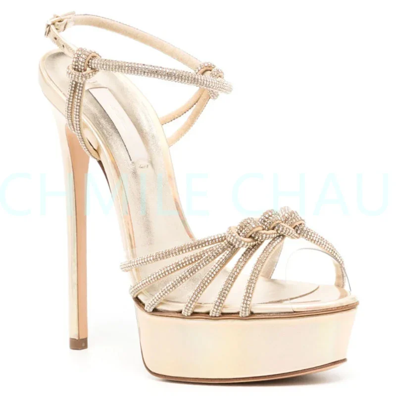 

New Elegant Luxury Designer Women Bridals Sandal Platform High Heel Crystal Strappy Sexy Fetish Banquet Shoe Plus Size 15-CHC-32