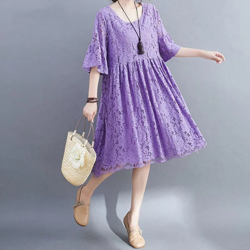

Женское кружевное платье-трапеция, однотонное простое милое платье в Корейском стиле, универсальное свободное платье с рукавом до локтя и вырезами, новинка на лето