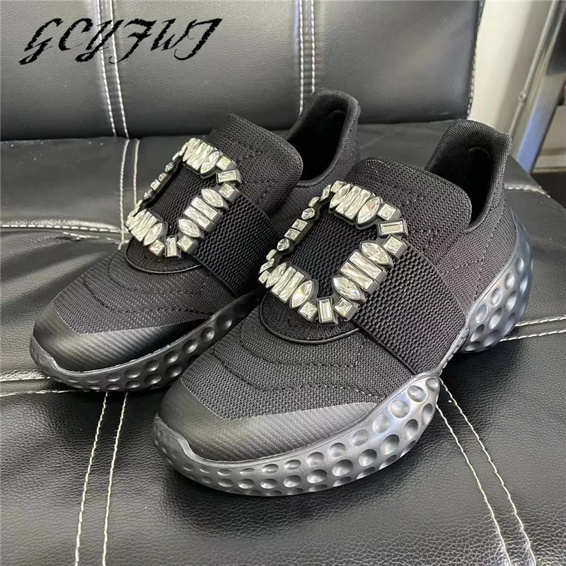 

Women's Sports Shoes Round Toe Crude Heel Height Increasing Shallow Women Sneakers Crystal Slip-on Solid Color Cool Female Shoes