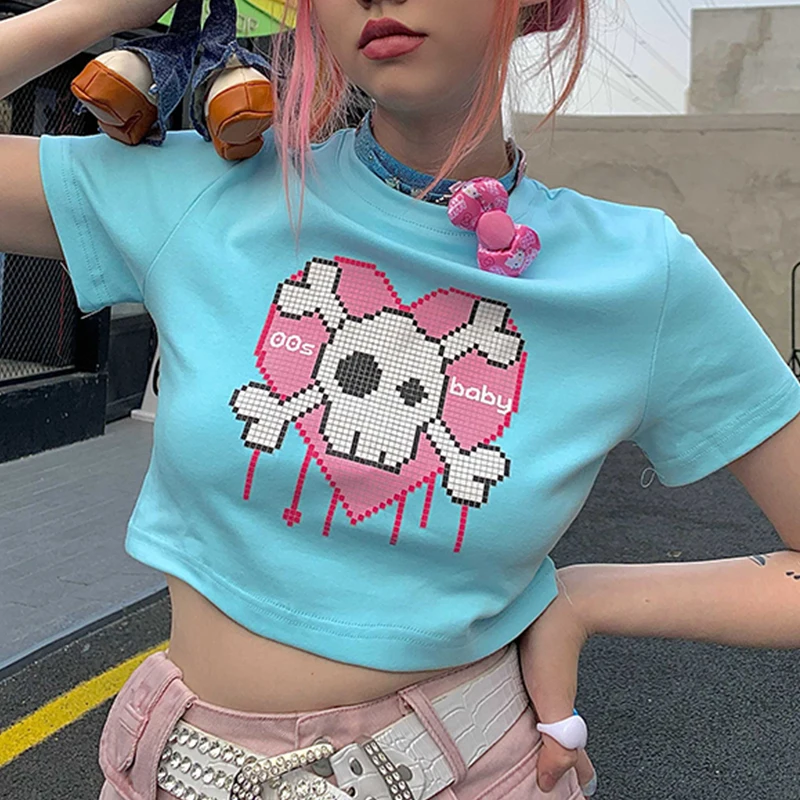 

2000s Streetwear Women Tee Y2k Top Summer Short Sleeve T-shirt Harajuku Cute Skull Cartoon Print O-neck Short Sleeve 2023