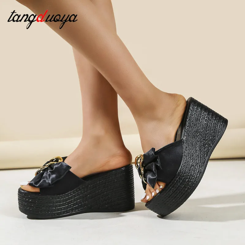 

Женские шлепанцы, летняя обувь с бантом-бабочкой, на высоком каблуке