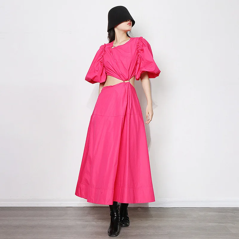 

Puff Sleeve Long Skirt Niche Style Design 2022 Summer New Elegant Round Neck Solid Color Hollow Out Waist A Line Dresses Women