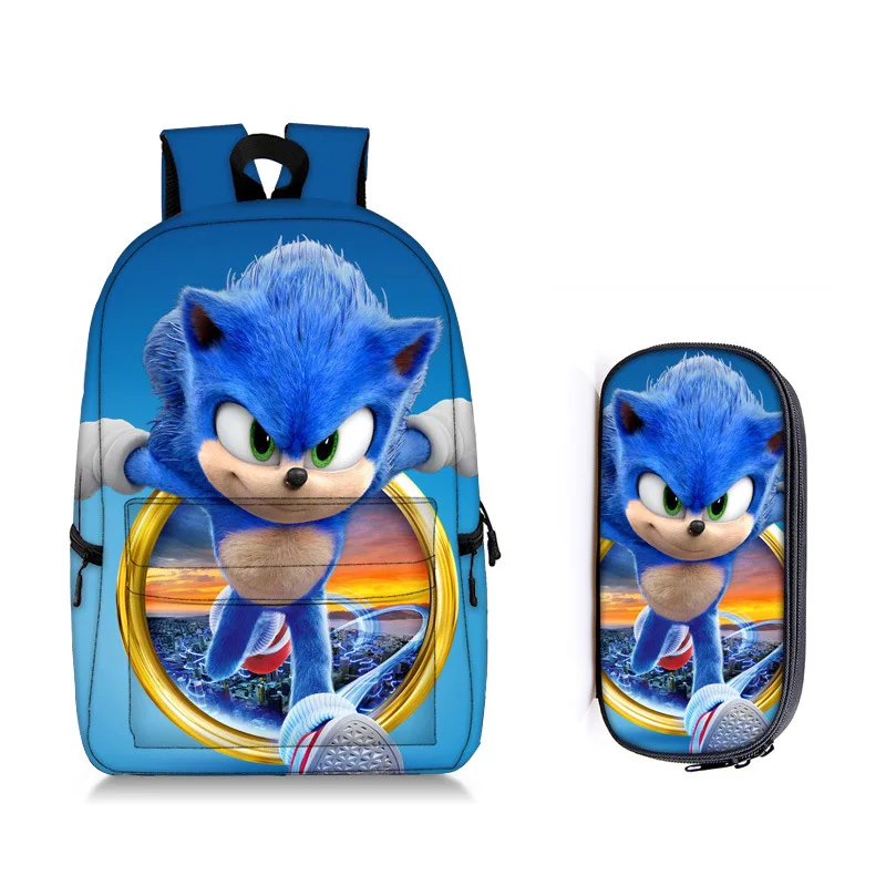 

2PC Sonic Pencil Bag Cartoon Backpack Children's Student Backpack Men and Women Large-capacity Sports Travel Portable Backpack
