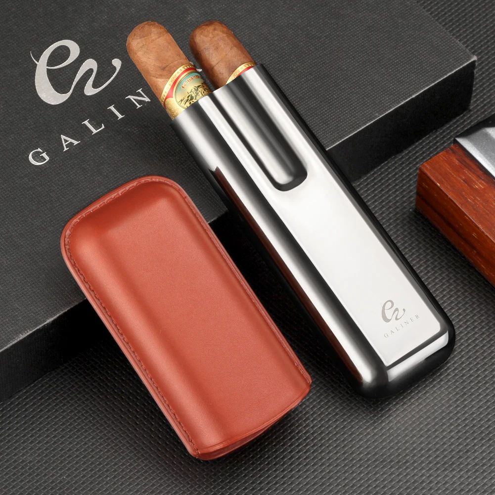 

GALINER Portable Cigar Tube Case Charuto Box Leather Tobacco Accessories Metal Humidor Fit 2 Cigar Tubes Humidor Puro