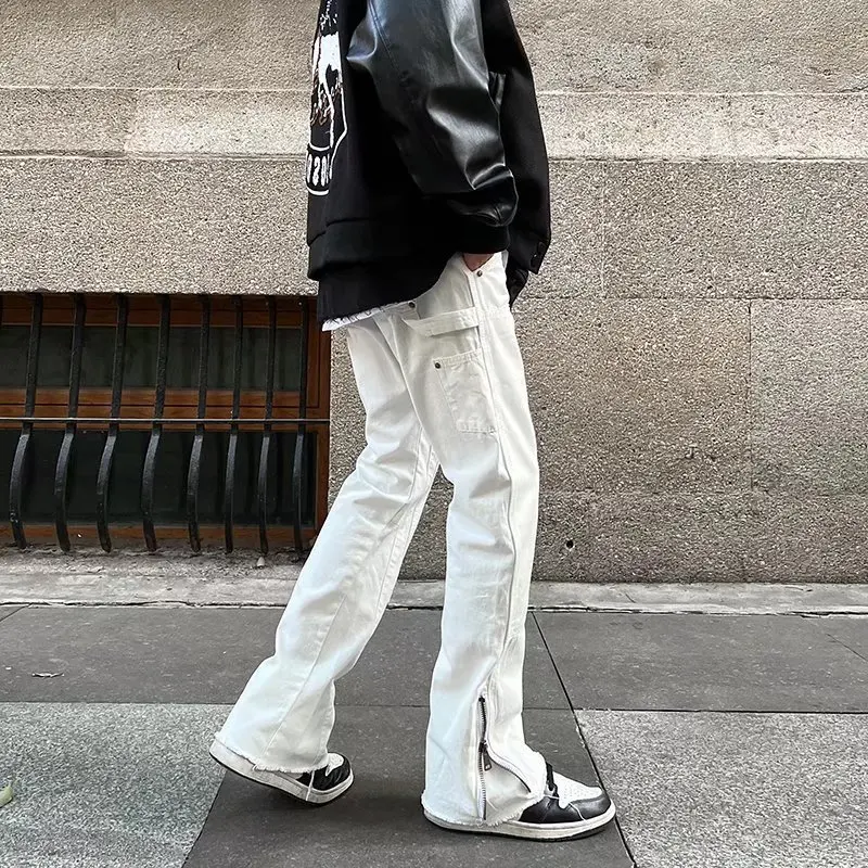 Hip Hop White Straight Ripped Casual Mens Jeans Pants Both Side Tassel Wide Leg Streetwear Denim Trousers Oversized Men Clothing