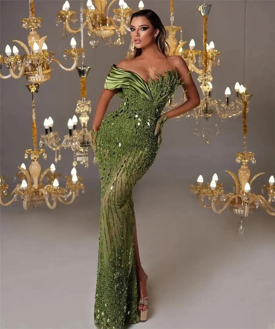 Price Review Green Princess Mermaid Beaded Pearls Evening Dress Luxury Lace Party Custom Made Elegant Formal Occasion Prom Party Gown Robe Online Shop