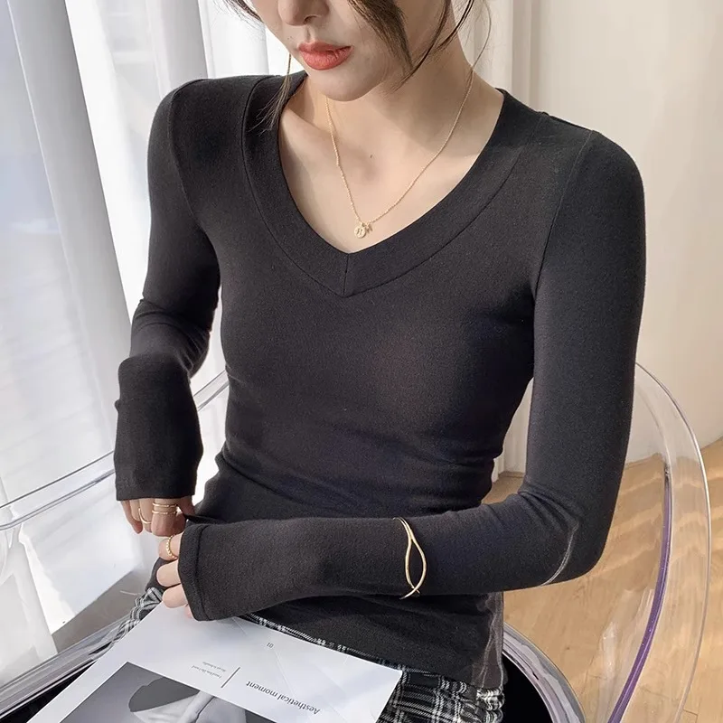 

Threaded Long-sleeved Bottoming Shirt Women's Autumn and Winter New V-neck T-shirt Slim-fit Thin Section with T-shirt Top Trend