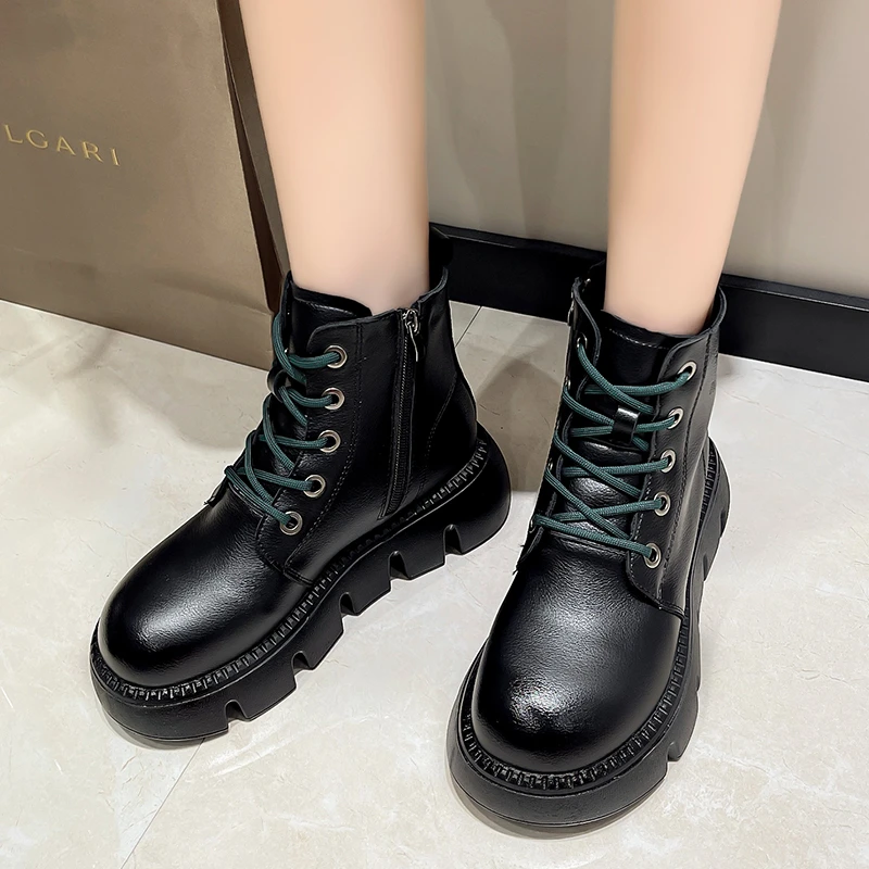 Genuine Leather Platform Ankle Boots Womens New with Zipper Rubber Foam Bottom British Style Comfortable Plus Pile Short Boots