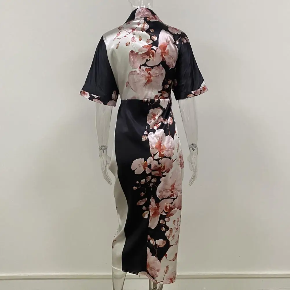 

Party Dress Satin Buttons Placket High-Waist Summer Elegant Pattern Print Party Dress Shirt Dress Streetwear