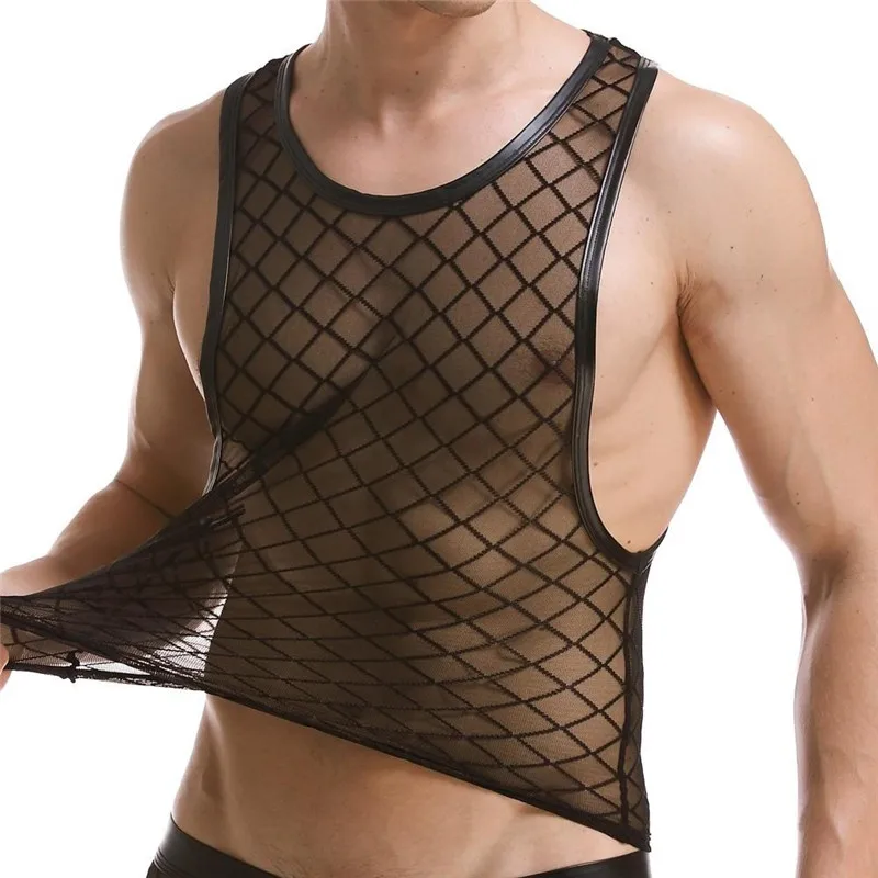 

Mens Super Sexy Diamond Shape Mesh Sleeveless Tank Top Perspective Sheer Thin Stretch Fitness Casual o-neck Vest Undershirt New