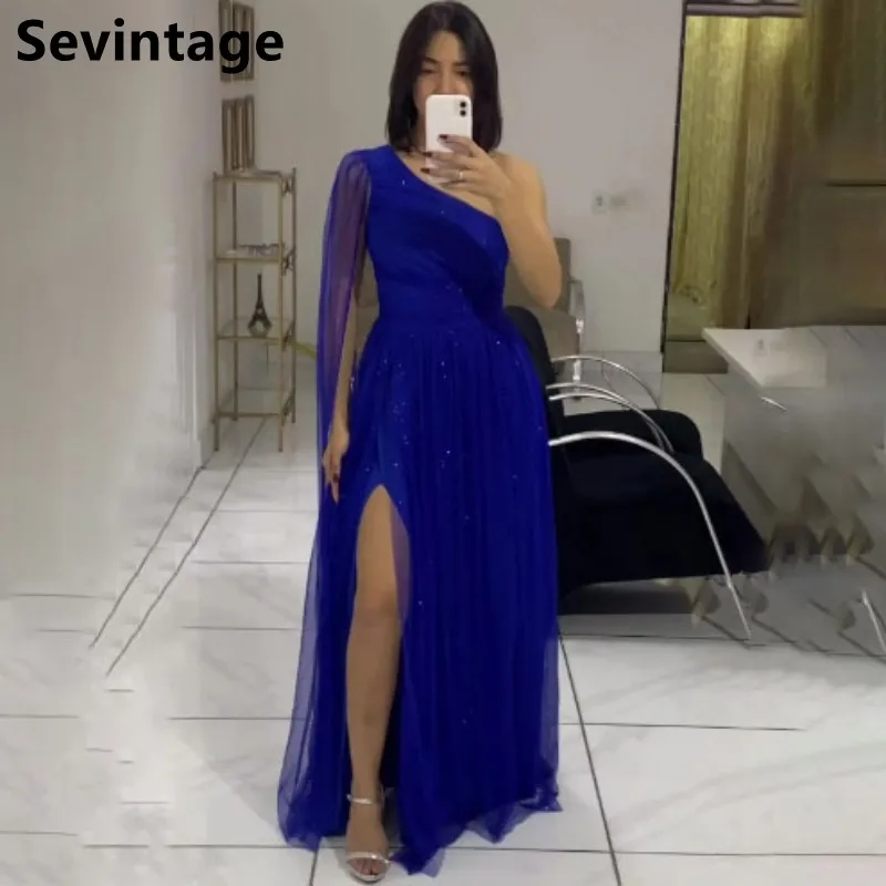 Блестящее Тюлевое вечернее платье Sevintage Королевского синего цвета на одно плечо