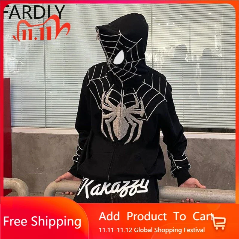 

Trendy Hoodies Hip Hop American Spider Print Full Chain Hooded Sweater European and American Fashion Brand Sweater Street Coat