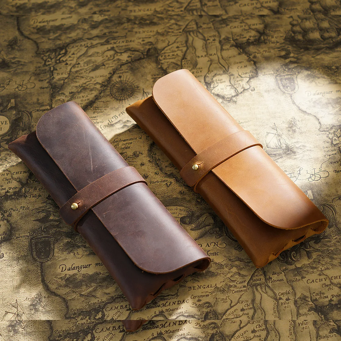 

First Layer Cowhide Korean Pen Bag Simple Ins Tide Large-capacity Retro Glasses Stationery Box Pencil Case