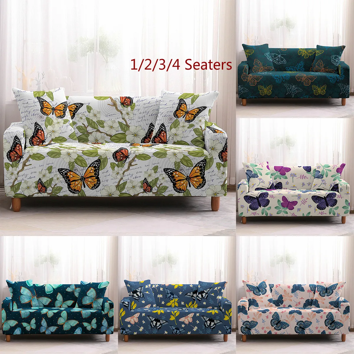 

Cute Butterfly Spandex Modern Sofa Cover Elastic Floral Polyester 1-4 Seater Couch Slipcover for Living Room Furniture Protector