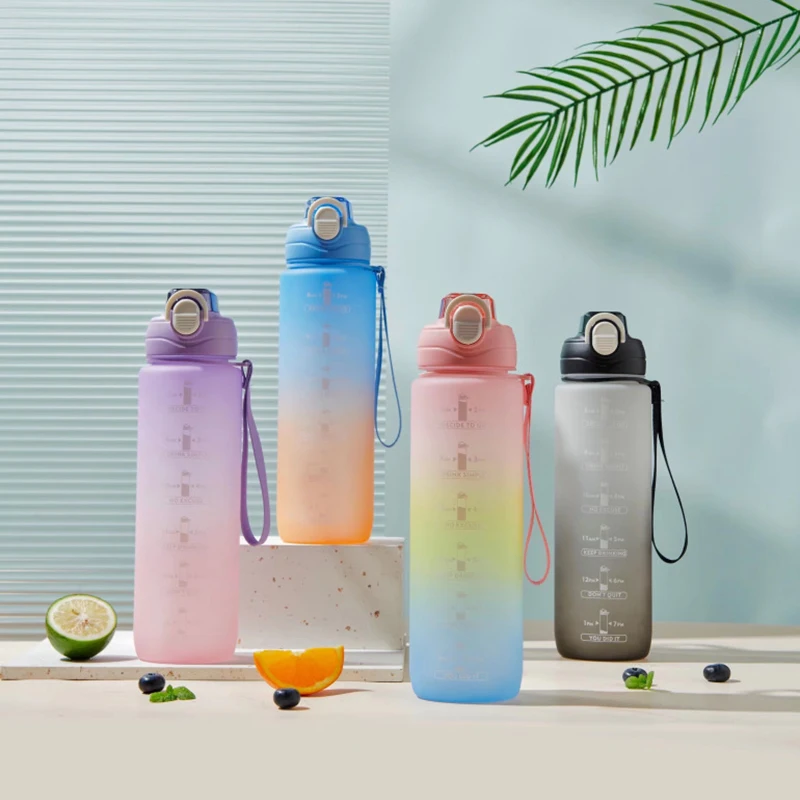1L Fashion Water Bottle Color Change Design Large Capacity Fitness Sports Cups Plastic Drinking Bottles With Time Marker