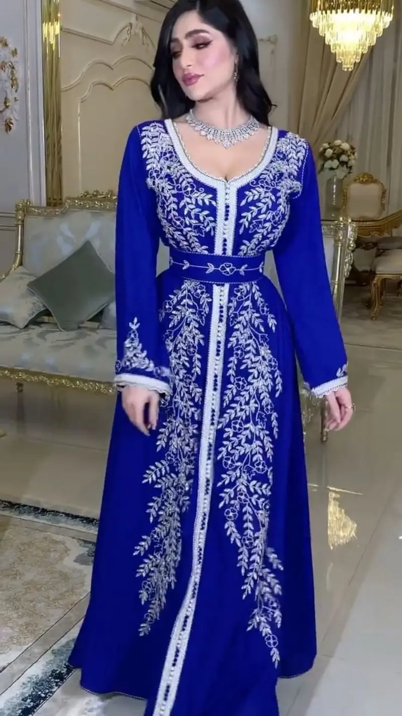 PLEINDI Bohemian Evening Dresses V-Neck Long Sleeves A-LINE Floor-Length Chiffon 2022 New of Embroidery Boho Prom Women Dress