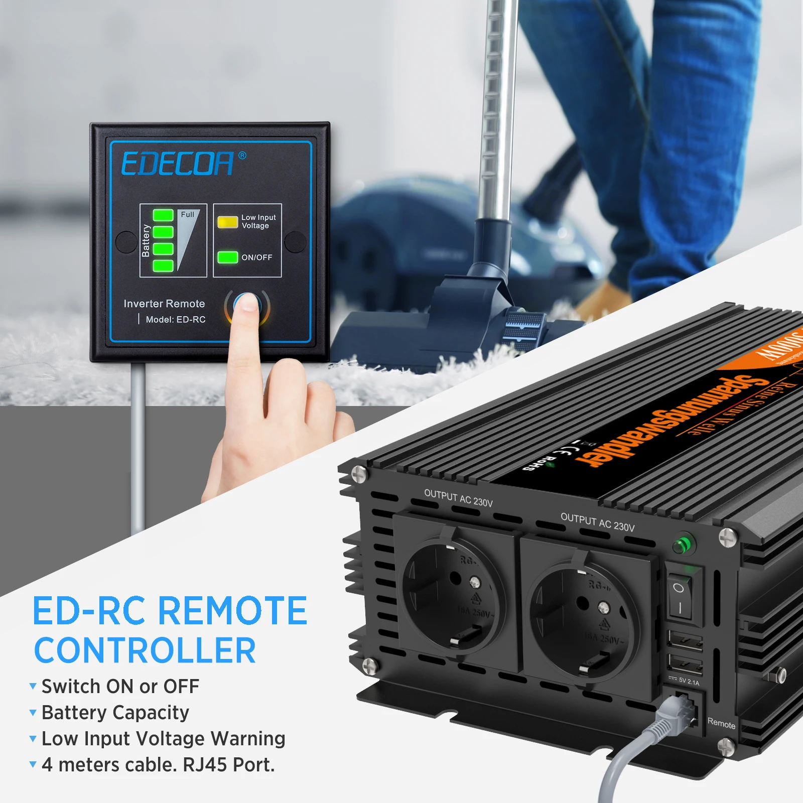 EDECOA 1500 Вт чистый синусоидальный инвертор постоянного тока 12 В в переменный ток 220