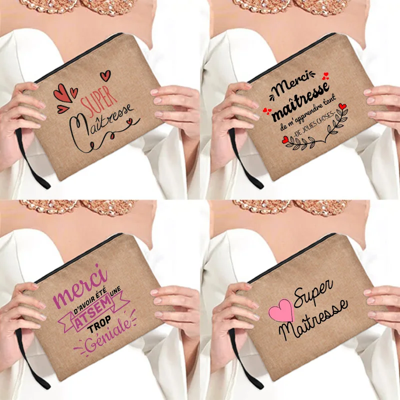 

Linen Clutch Bag Thank You Mistress Pattern Cosmetic Zipper Pouches Travel Toiletry Organizer Female Beauty Organizer Bag