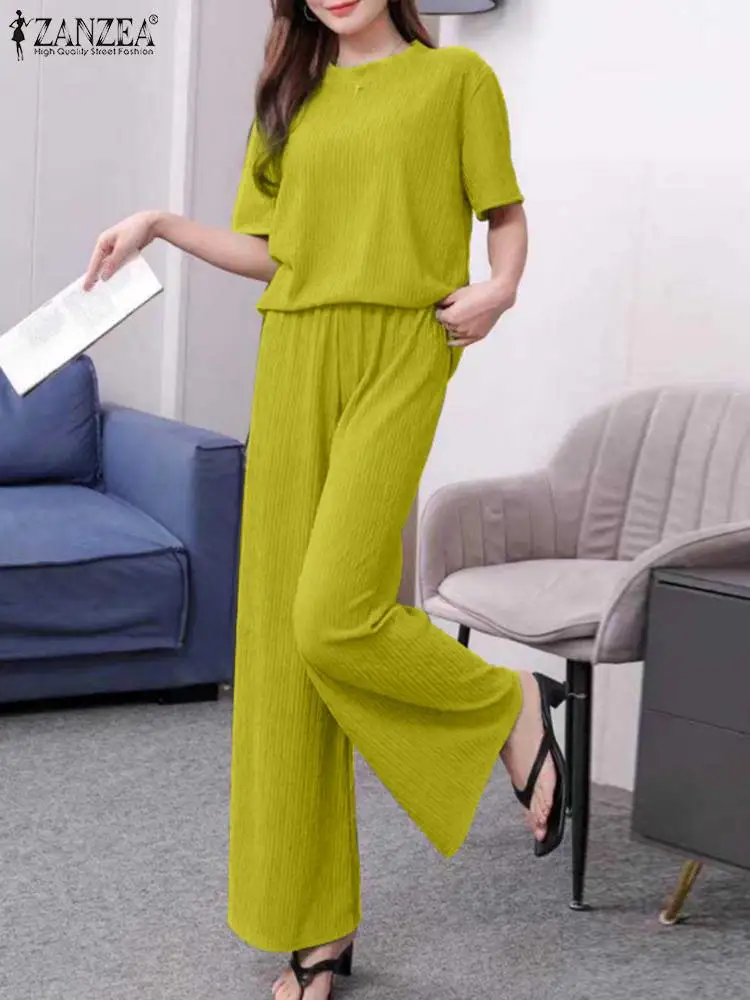 

ZANZEA Elegant Textured Tracksuit Holiday Fashion 2PCS Outfits Short Sleeve Tops Solid Pant Sets Casual Straight Trouser Suits