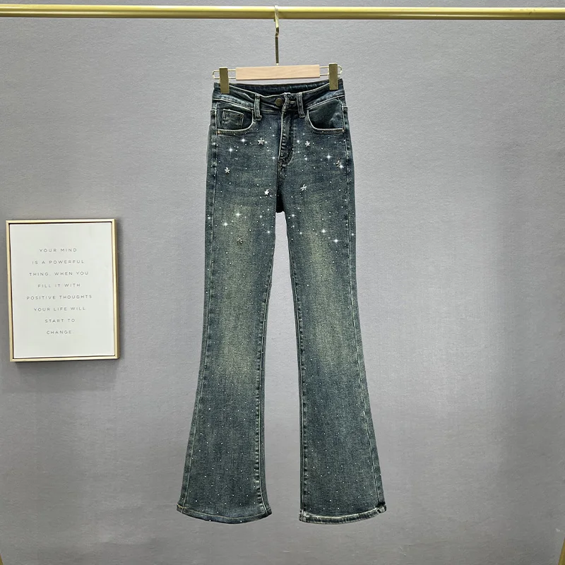 

Джинсовые расклешенные брюки, женская одежда, новинка 2023, Осенние облегающие джинсы с эластичной высокой талией для девушек, модные джинсовые брюки с эффектом потертости