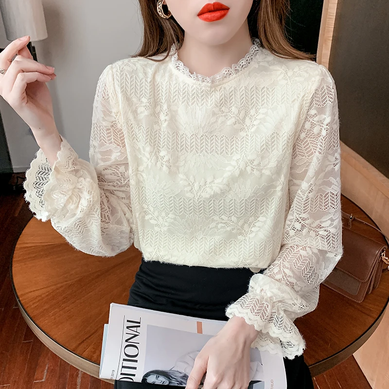

Шифоновая женская блузка кружевная рубашка с круглым вырезом для девочек Летний Топ с длинным рукавом модная свободная повседневная Полна...
