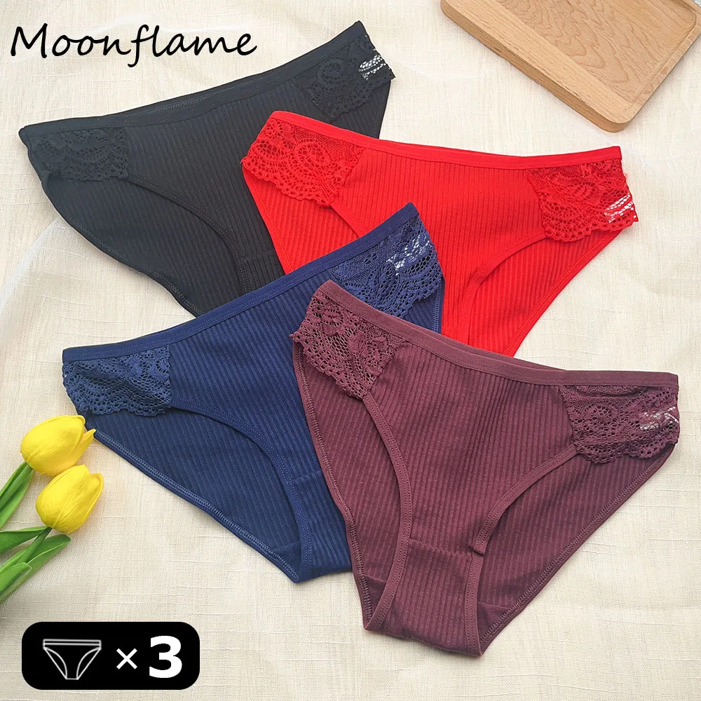 Moonflame 3 шт./компл. хлопковое нижнее белье в полоску женские кружевные трусики
