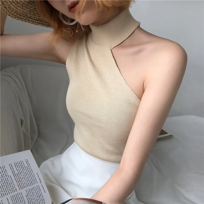 

Sexy Off Shoulder Knitted Sweater Pullovers Fashion Sleeveless Turtleneck Solid Jumper Off Shoulder Halter Vest Women's Clothes