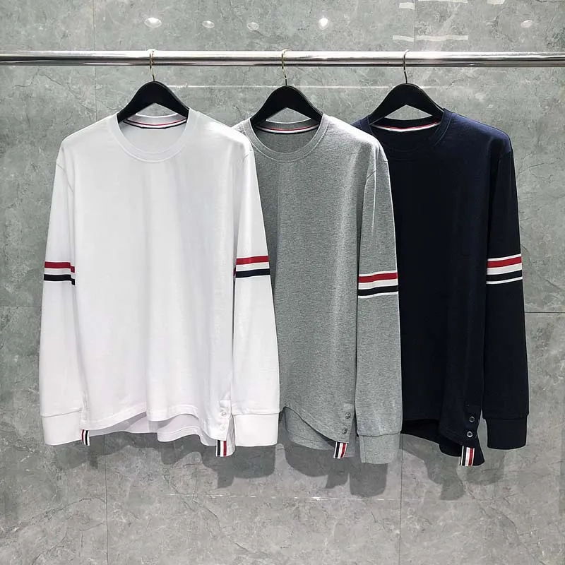 

TB THOM T-shirt 2023 New In Spring Luxury Brand Men's Clothing Cotton Armband Stripes O-neck Tops Casual Harajuku T Shirt