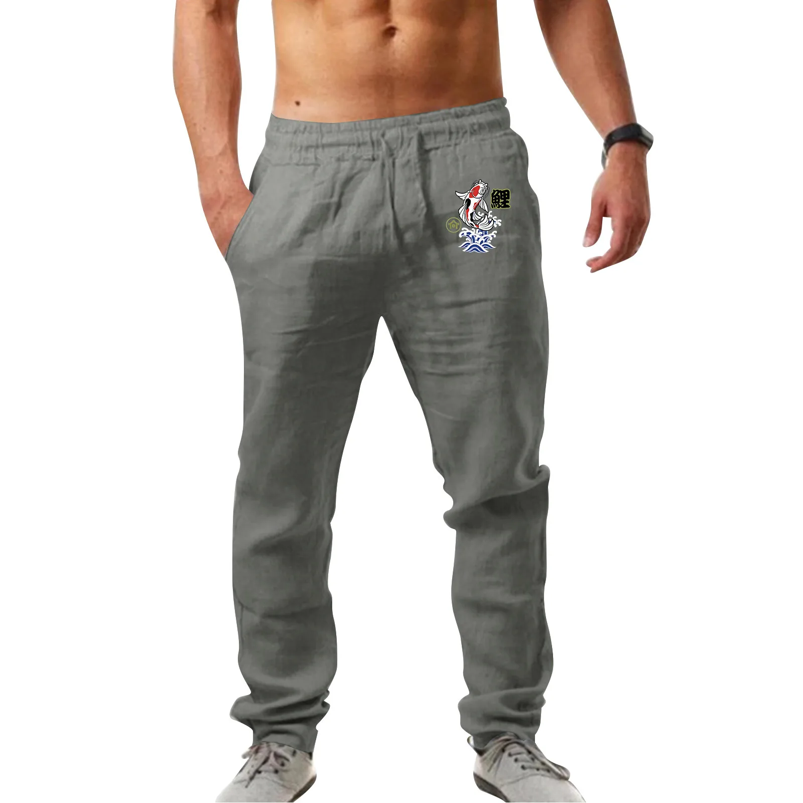 

Size 50 Pants for Men Mens Fashion Casual Printed Linen Pocket Lace Up Pants Large Size Pants