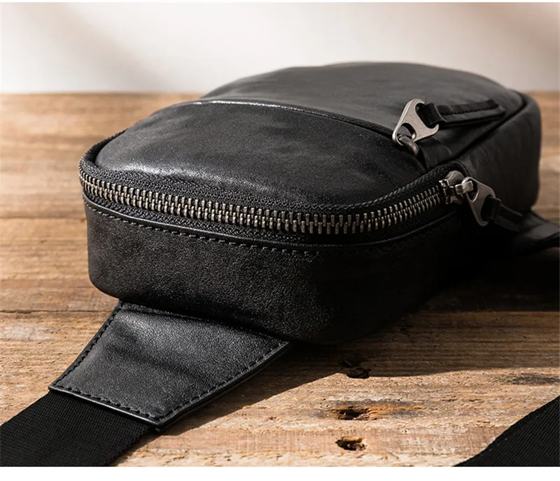 Fashion designer natural genuine leather men's black chest bag outdoor casual daily high quality real cowhide crossbody bags