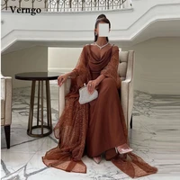 verngo silk satin brown evening dresses glitter long sleeves jacket dubai saudi arabic women formal patry dress prom gown