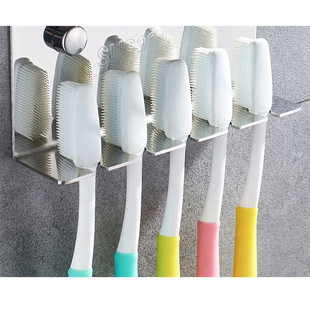 

5 Slots Stainless Steel Strong Loading Toilet Supplies Kitchen Toothbrush Holder Household Self Adhesive Storage Rack Bathroom