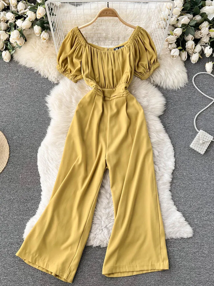 

Women 2022 summer new fashion French square neck puff sleeve chiffon waist slimming wide leg temperament jumpsuit female D0737