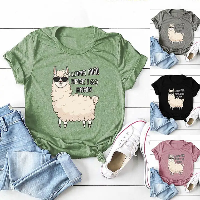 New women's cute casual T-shirts Harajuku O-neck short-sleeved print women's little sheep LAMAMIAHEREIGO