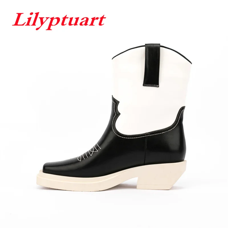 

Lilyptuart Big Size 42 Western Cowboy Boots 2023 New Embroidered Mixed Color Slip on Design Platform Chunky Heels Ankle Boots