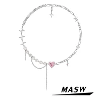 masw fashion jewelry pink heart pendant necklace 2022 new trend popular one layer geometric pearl necklace for women gifts