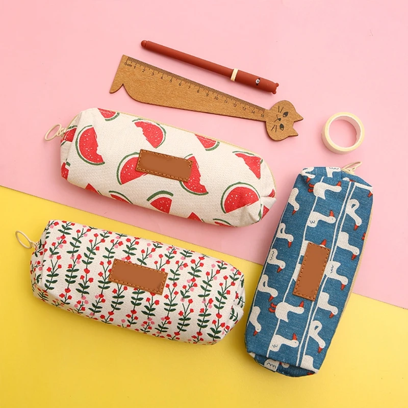 

Portable Canvas Makeup Pouch Large Pencil Case Zippered Staionery Storage Case Washable Reusbale for Student School K1KF