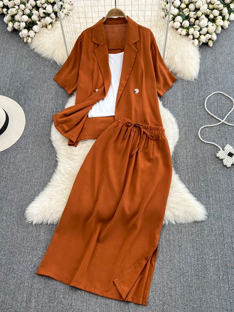 

Fashion suit women's loose short-sleeved suit jacket three-piece set high-waisted mid-length slit half skirt suspender vest