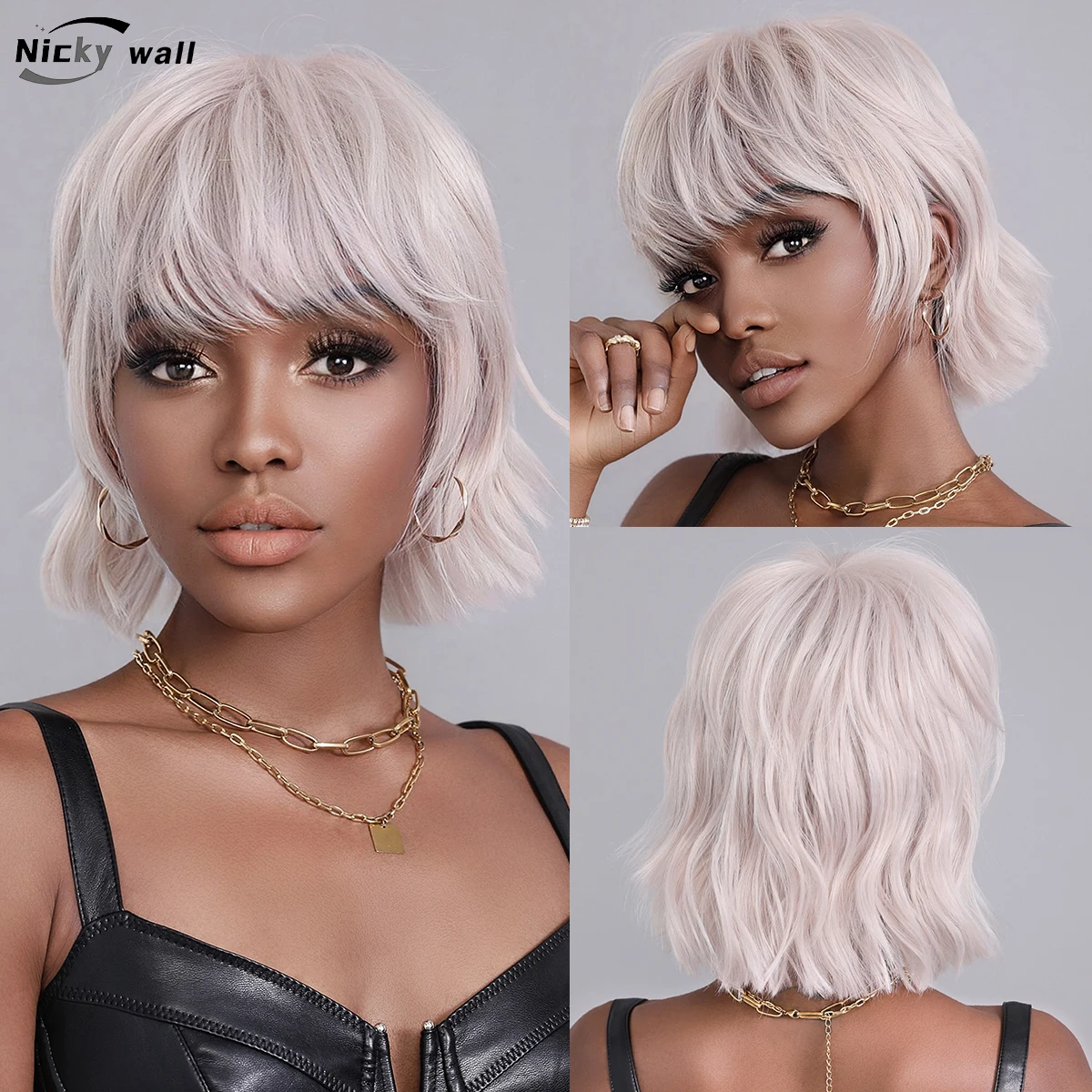 Ombre Pink Silver Pixie Short Wigs for Black Women Cut Layer Wigs with Bangs Heat Resistant Synthetic Wig Party Daliy Use