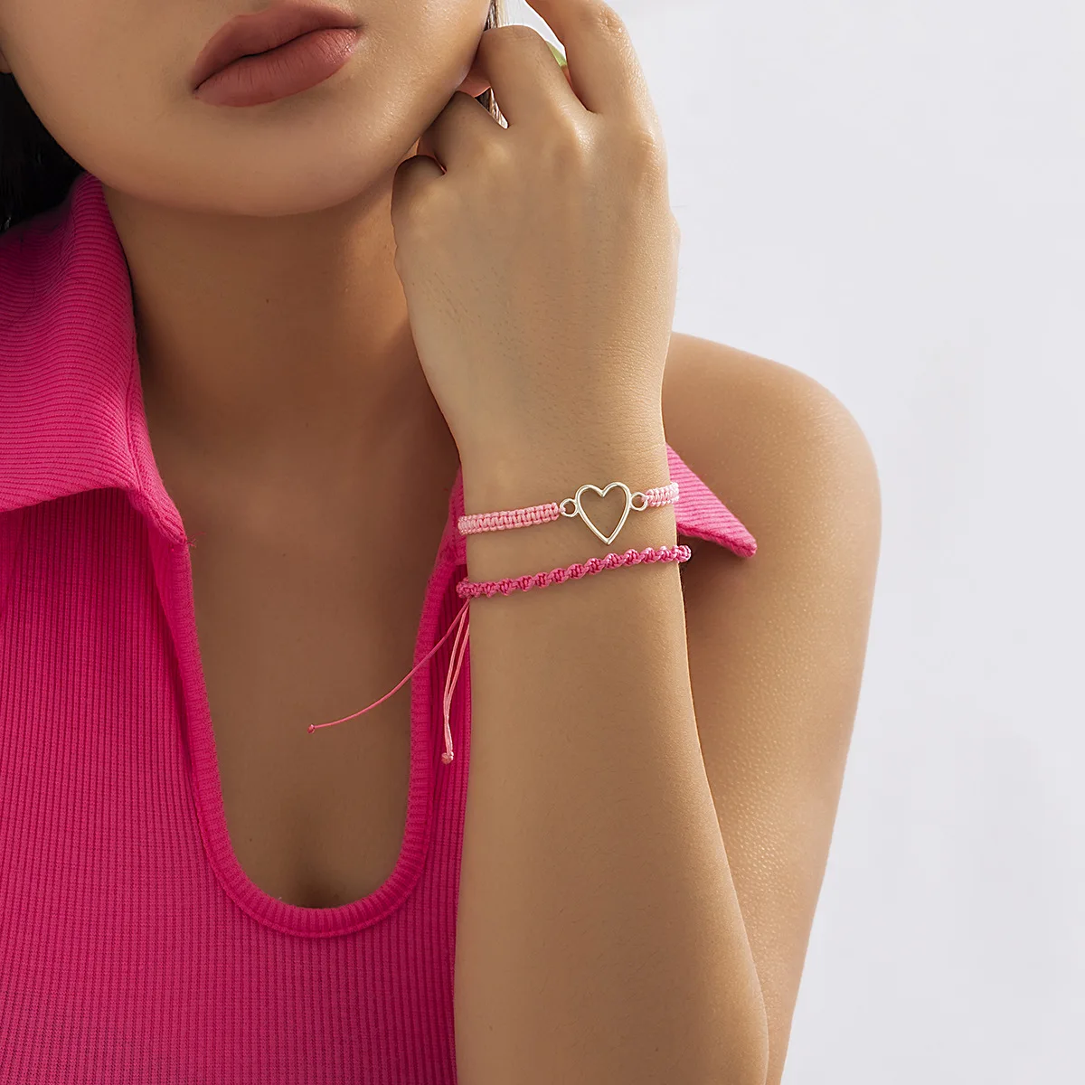

2PCS/SET Heart Charm Fuchsia Handmade Braided String Bracelet For Women Adjustable Charm Bracelets&Bangles Fashion Jewelry